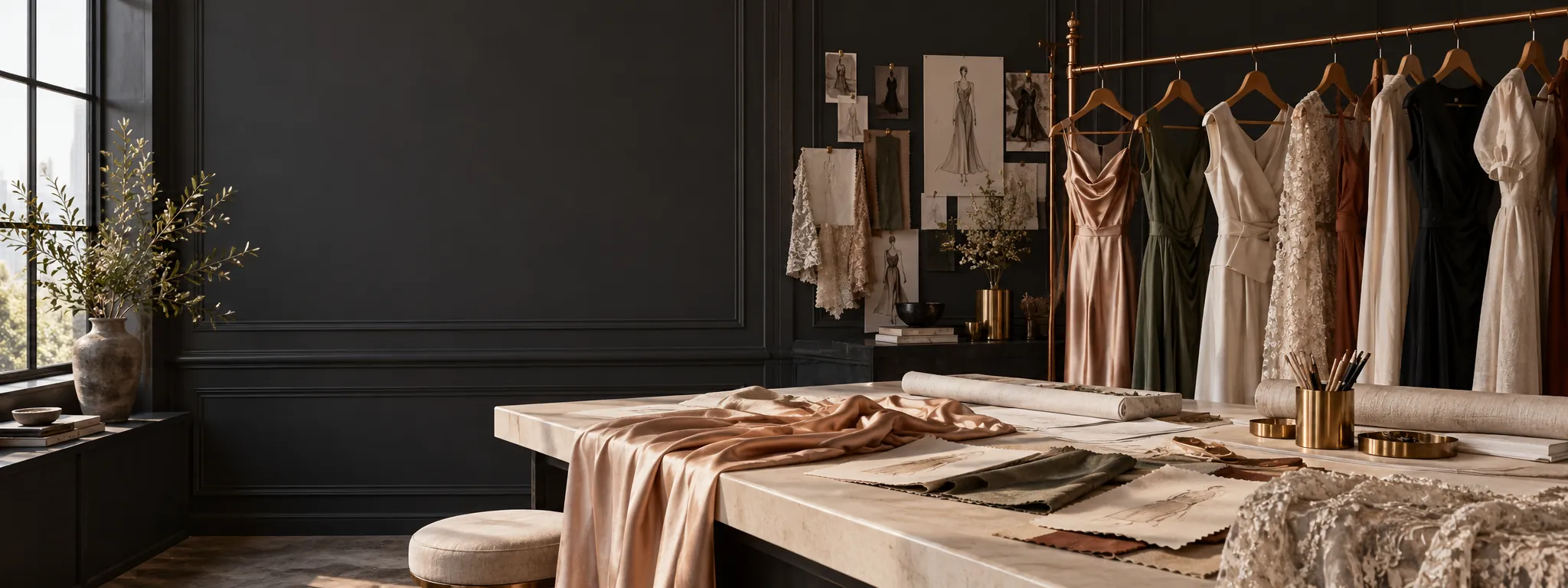 dress sourcing arranged in a fashion sample room