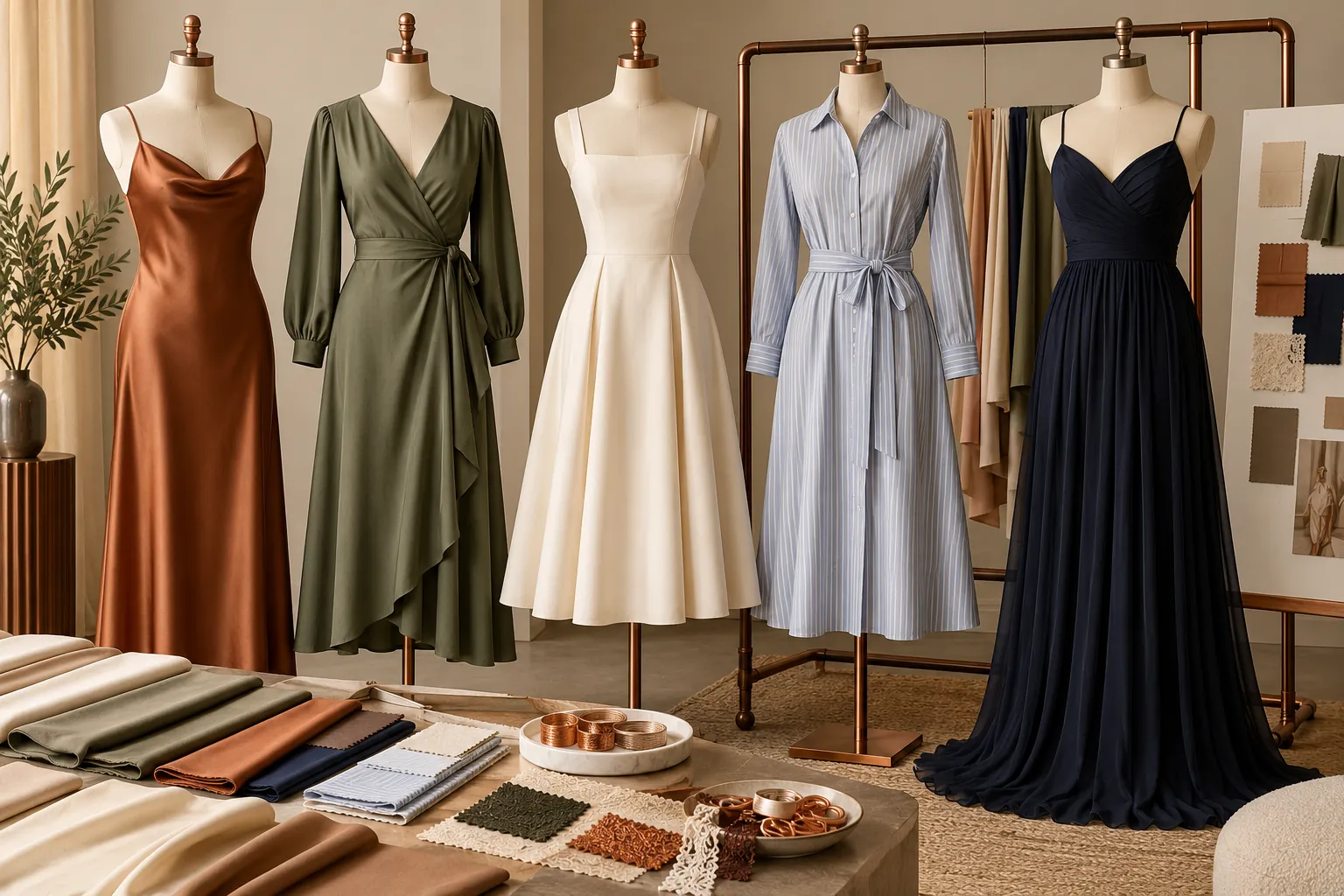 Strip dresses, clusters and dress trays on a beauty sampling table