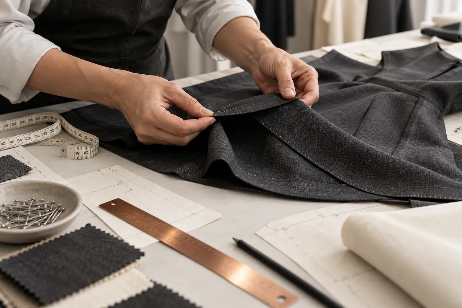 Technician inspecting dress sourcing at a quality desk
